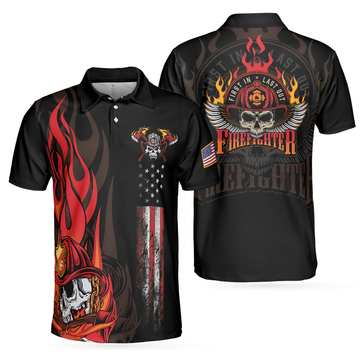 Firefighter Skull Flame First In Last Out American Flag Men's Polo Shirt S-5XL