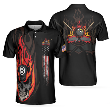 Flame Skull Billiards Pool American Flag Gift For Players Men's Polo Shirt S-5XL