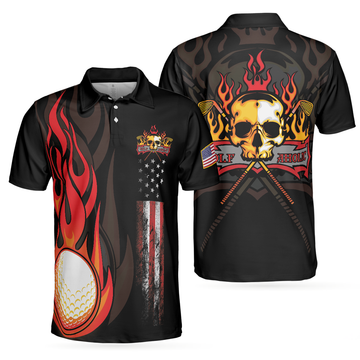 Cool Golf Flame Skull Black American Flag Shirt Men's Polo Shirt S-5XL