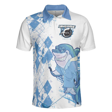 Argyle Pattern American Flag Shark Golfer Men's Polo Shirt Jawsome Golf Shirt