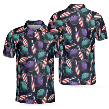 Bowling Is My American Flag Pattern Men's Polo Shirt Perfect for Bowling Lovers