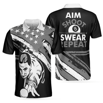 Aim Shoot Swear Repeat Billiards American Flag Pattern Men's Polo Shirt S-5XL