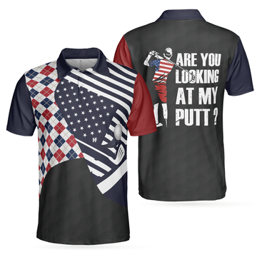 Argyle Pattern USA Flag Are You Looking At My Putt Golf Shirt Men's Polo Shirt
