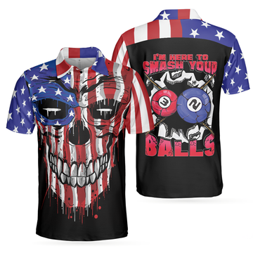 I'm Here To Smash Your Balls Billiards American Flag Skull Men's Polo Shirt