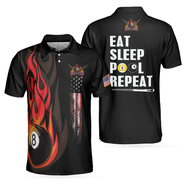 American Flag Billiards Eat Sleep Pool Repeat Sayings Gift Men's Polo Shirt