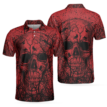 Skull Crow Black Red Short Sleeve Halloween Men's Polo Shirt S-5XL