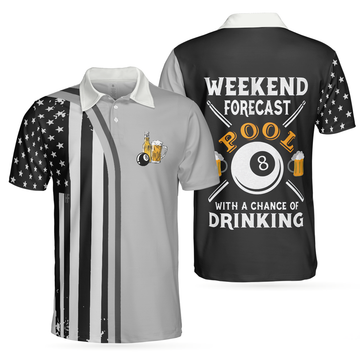 Weekend Forecast Pool Player American Flag Billiards Gift Men's Polo Shirt S-5XL