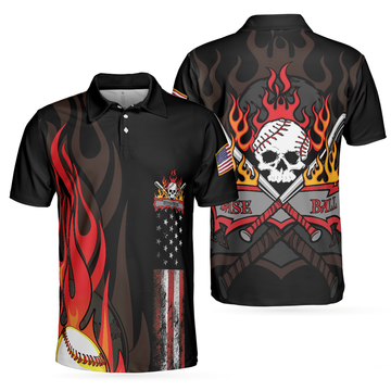 Flame Baseball Skull Baseball American Flag Best Gift for Fans Men's Polo Shirt
