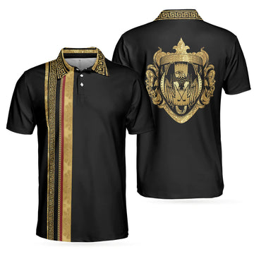 Luxury Golden Greek Key Pattern Eagle Badge Golf Men's Polo Shirt