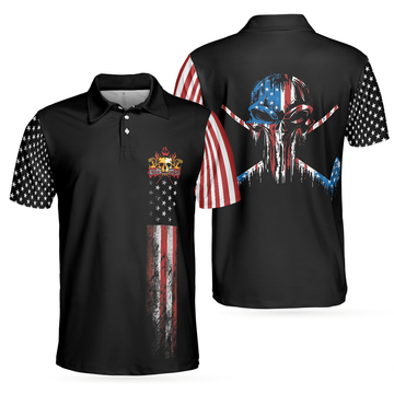 American Flag and Skull Golf Shirt Dark Theme Best Men's Polo Shirt