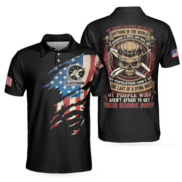 Skull American Flag Electrician My Craft Fix Anything Gift Men's Polo Shirt