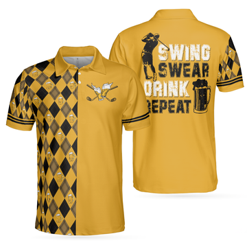 Swing Swear Drink Repeat Golf Gift Black Yellow Argyle Men's Polo Shirt S-5XL