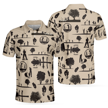 Beige Vintage Silhouette Golfers All Over Print Men's Polo Shirt Best Golf Shirt
