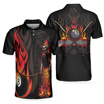 8 Ball American Flag Billiards Skull Shirt Cool Skeleton Men's Polo Shirt S-5XL