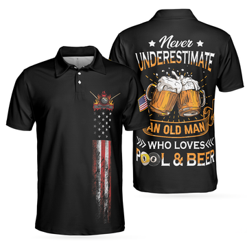 Never Underestimate An Man Who Pool And Beer Black Flag Men's Polo Shirt S-5XL