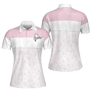 Pink Bowling Ball Print White With Short Sleeves Women's Polo Shirts S-5XL