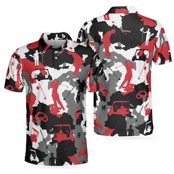 Red And White Camouflage Golfer Silhouette Camo Golf Men's Polo Shirt S-5XL