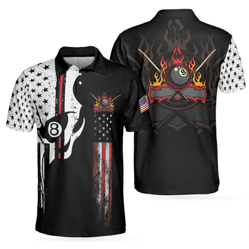 Skull Billiards Pool Patriotic Black and White Flag Men's Polo Shirt S-5XL