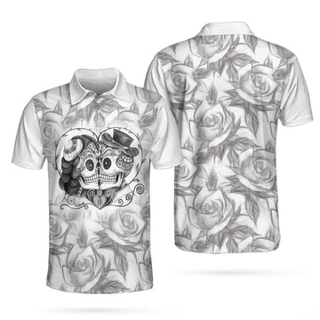 Sugar Skull Love Drawing Skull Couple Rose Sketch for Men's Polo Shirt S-5XL