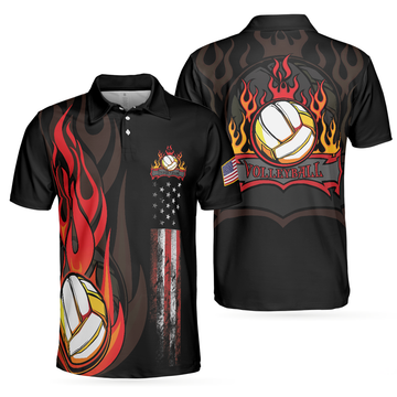 Best Volleyball Black American Flag Volleyball Flame Men's Polo Shirt S-5XL