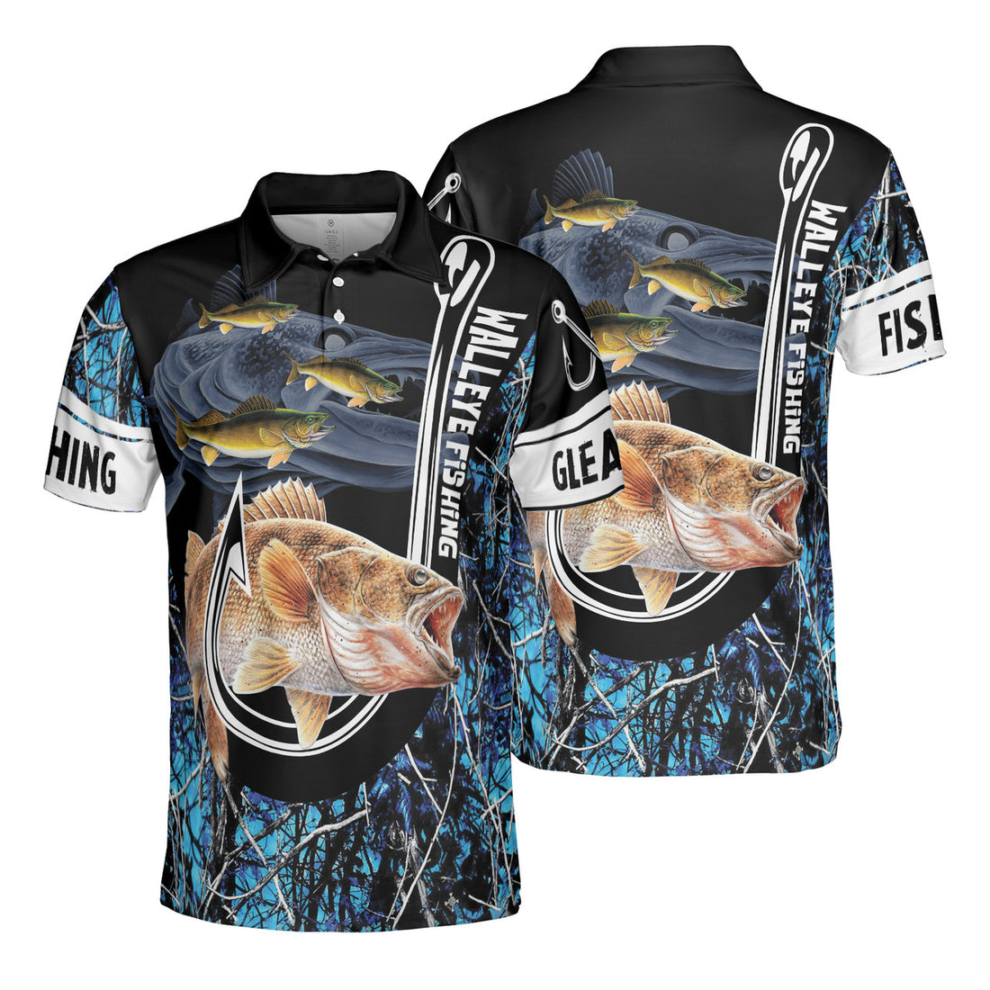 Walleye Fishing Teal Blue Muddy Camo Men's Polo Shirt S-5XL
