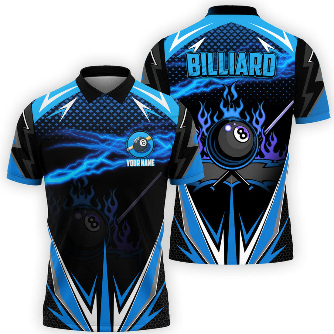 Custom Over Print Billiard Blue Fire Thunder Sport Gift Men's Polo Shirt S-5XL