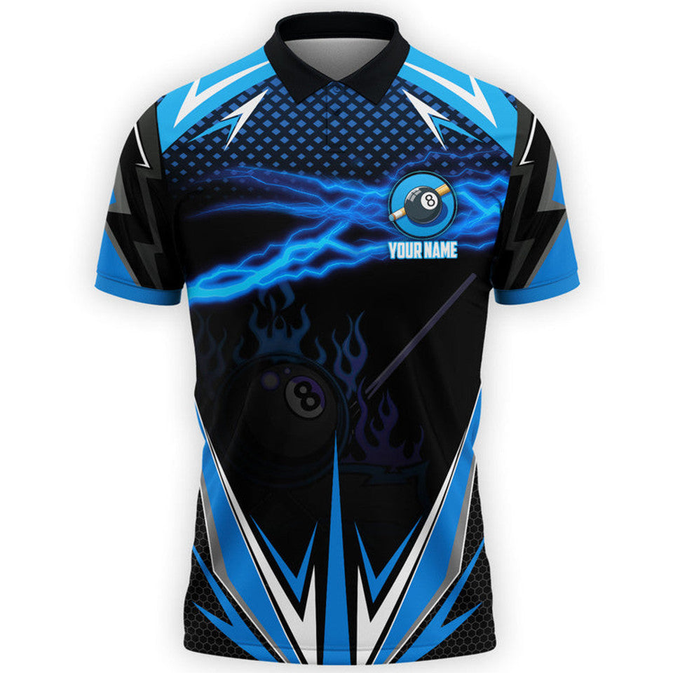 Custom Over Print Billiard Blue Fire Thunder Sport Gift Men's Polo Shirt S-5XL