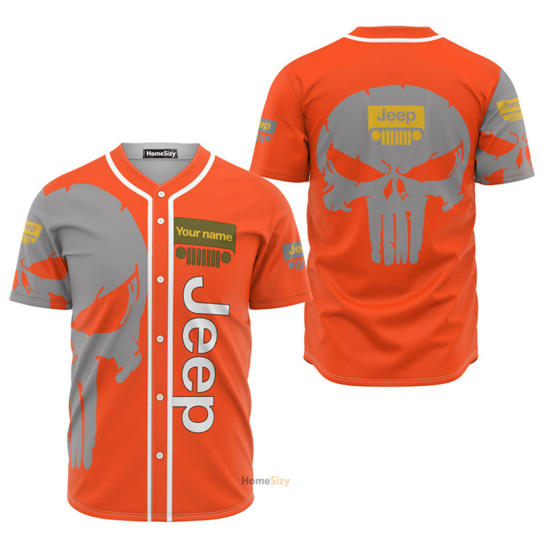 Custom Name Orange Jeep Skull Baseball Jersey S-5XL