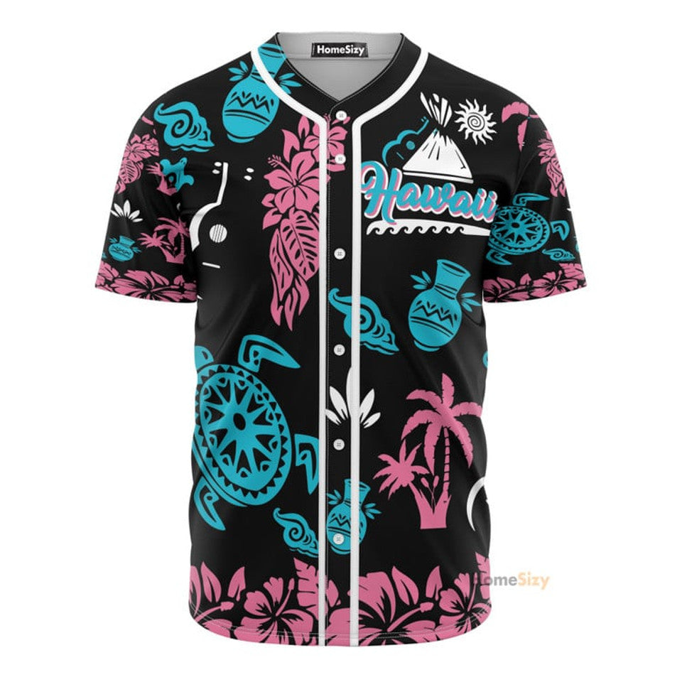 Hawaiian Coconut Palm Turtle Hibiscus Baseball Jersey S-5XL