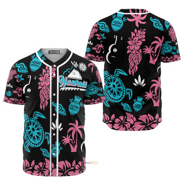 Hawaiian Coconut Palm Turtle Hibiscus Baseball Jersey S-5XL