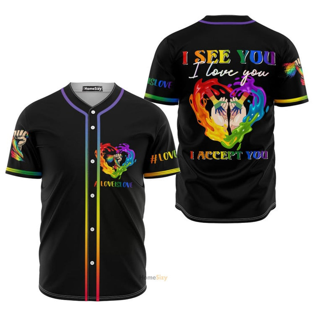 LGBT Pride Love Is Love Rainbow Heart Baseball Jersey S-5XL