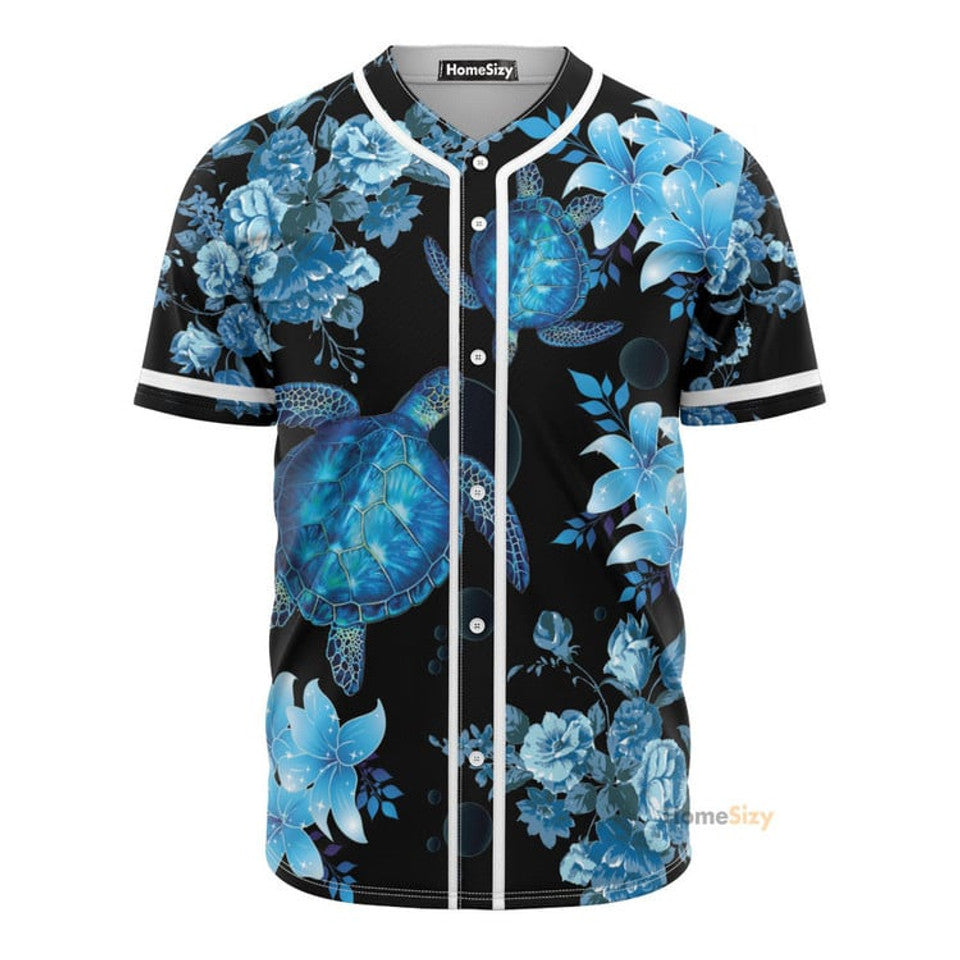 Blue Sea Turtle And Flowers Baseball Jersey S-5XL