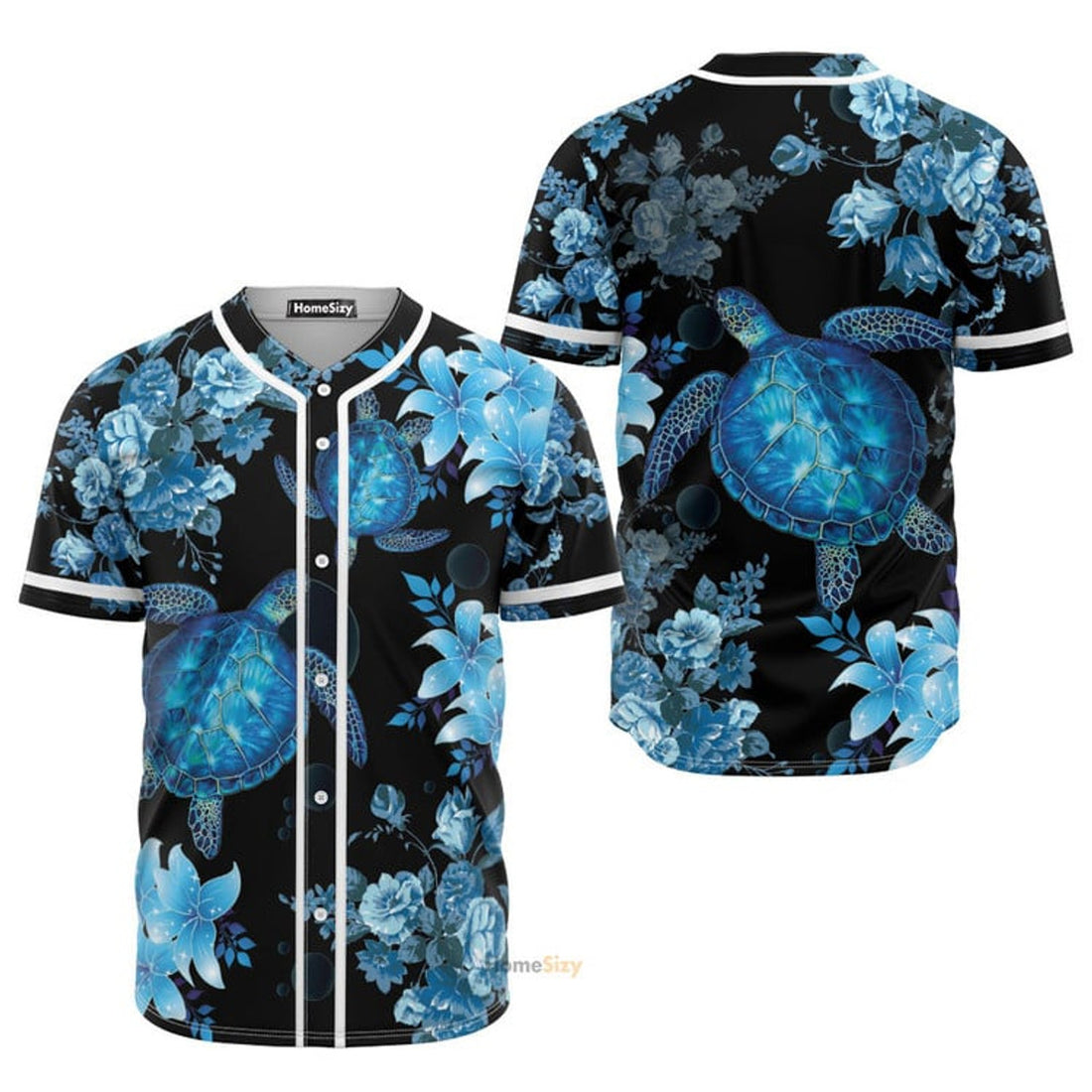 Blue Sea Turtle And Flowers Baseball Jersey S-5XL