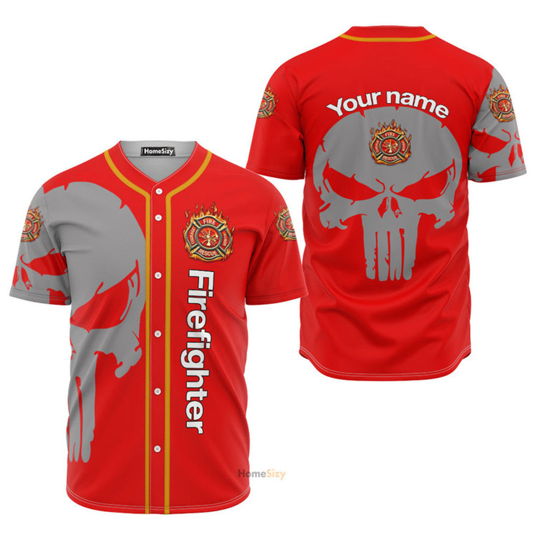 Custom Name Firefighter Skull Baseball Jersey S-5XL