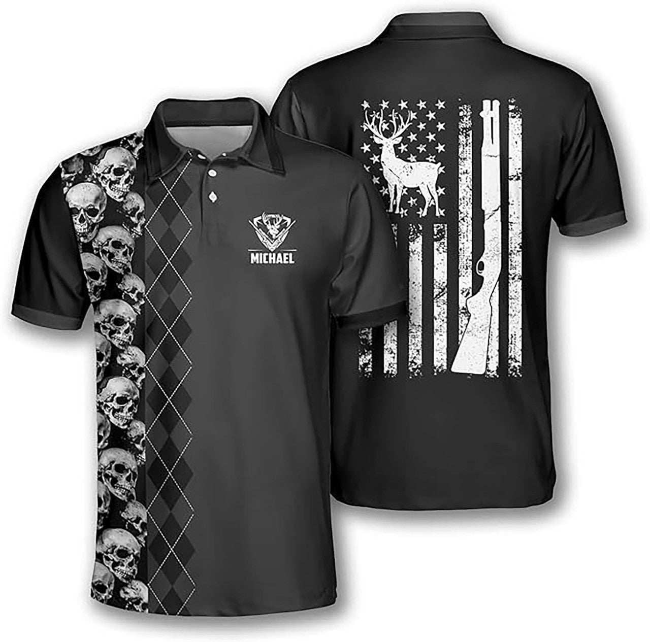 Custom Deer Hunting Skull Argyle Flag Men's Polo Shirt S-5XL