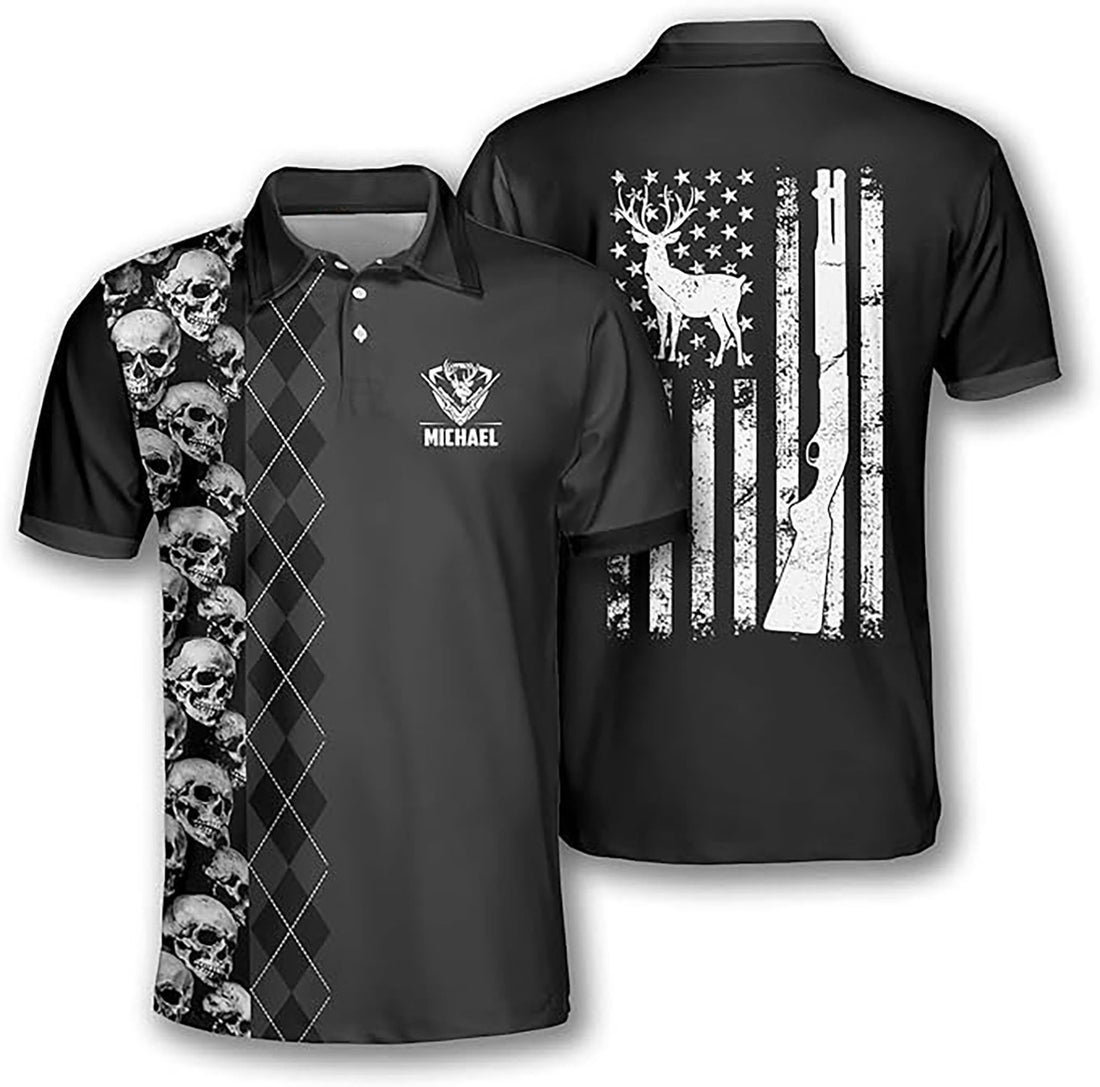 Custom Deer Hunting Skull Argyle Flag Men's Polo Shirt S-5XL