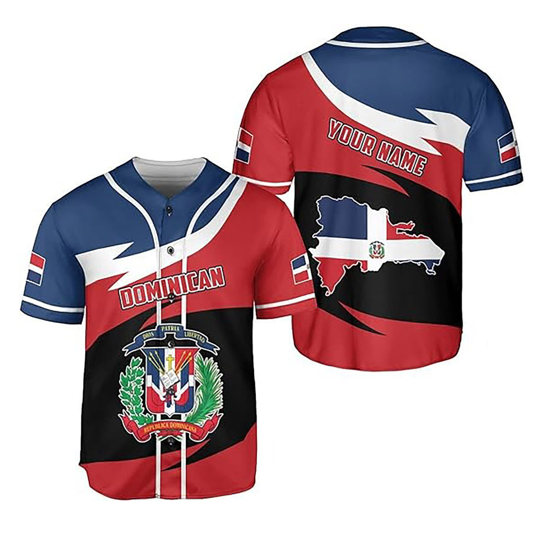 Personalized Name Dominican Republic Flag Coat of Arms Red Blue Baseball Jersey S-5XL