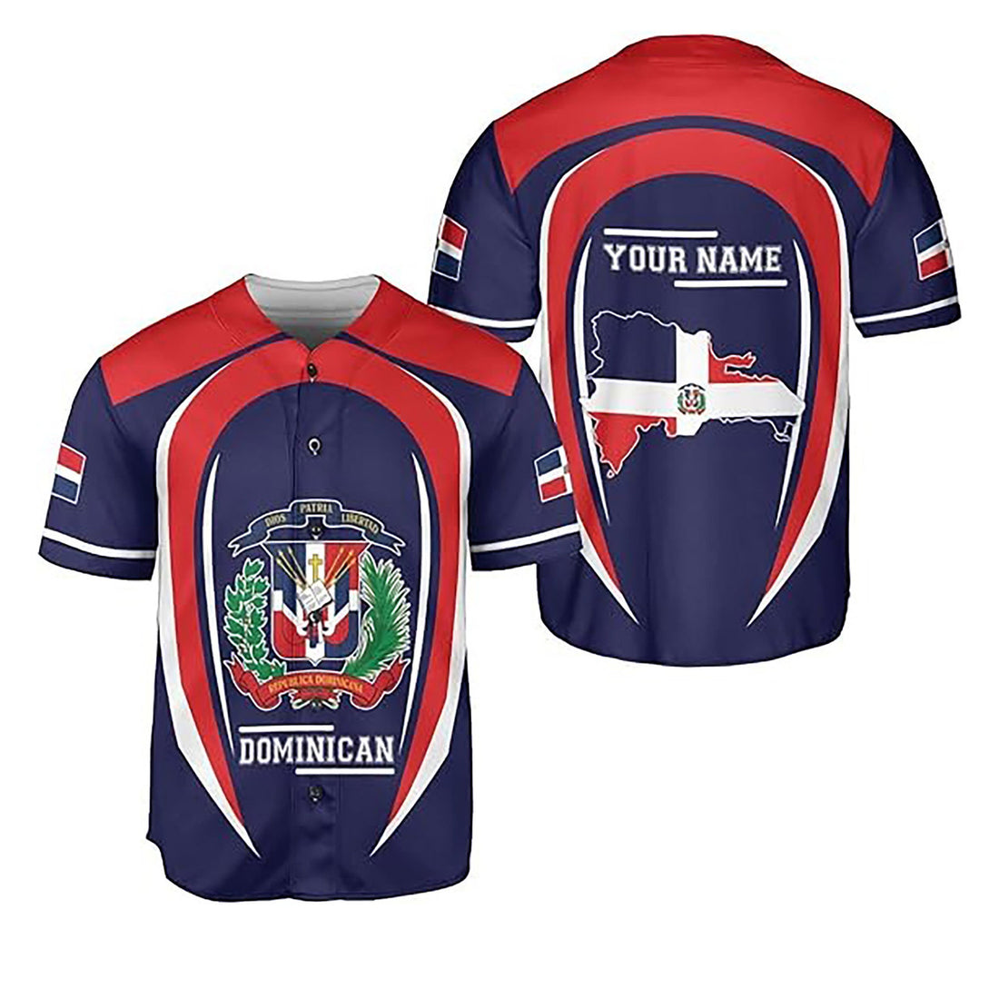 Personalized Name Dominican Republic Flag Coat of Arms Blue Red Baseball Jersey S-5XL