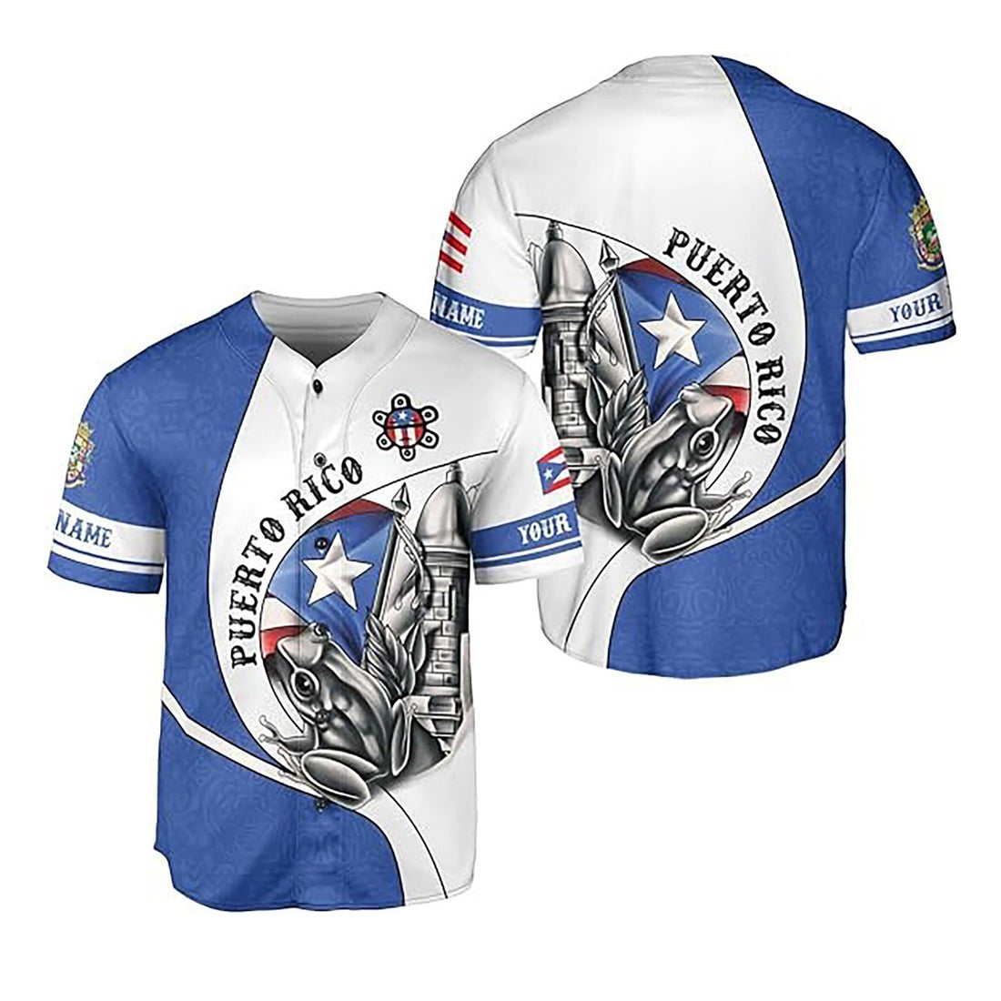 Personalized Puerto Rico Puerto Rican Flag Frog Symbol White Blue Baseball Jersey S-5XL