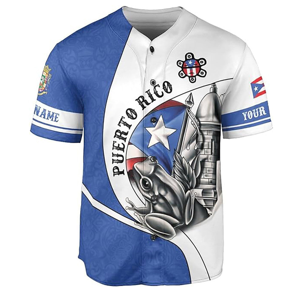 Personalized Puerto Rico Puerto Rican Flag Frog Symbol White Blue Baseball Jersey S-5XL