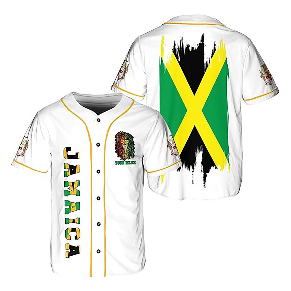 Personalized Name Jamaica Flag Coat of Arms White Lion Baseball Jersey S-5XL