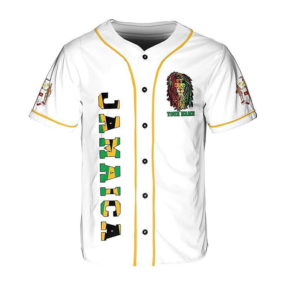 Personalized Name Jamaica Flag Coat of Arms White Lion Baseball Jersey S-5XL