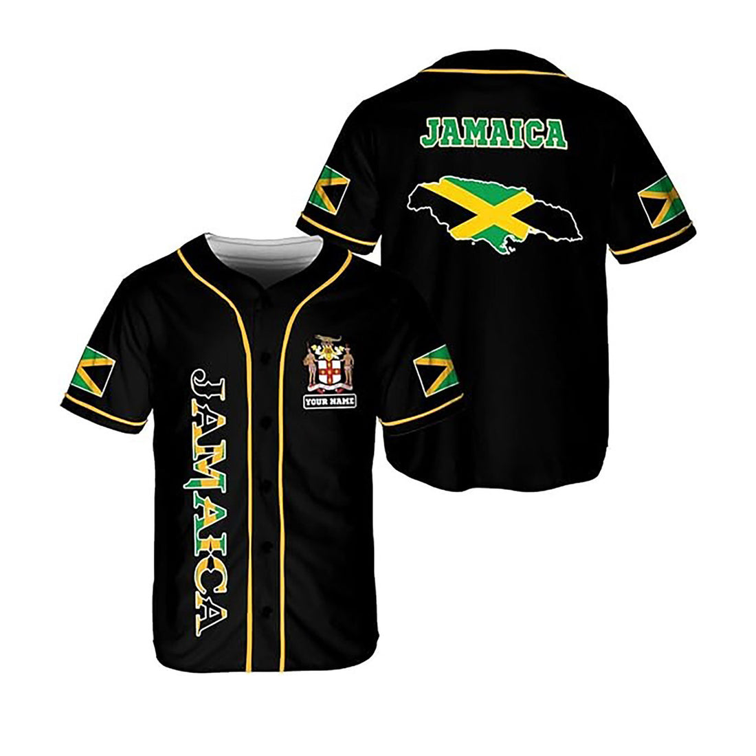 Personalized Jamaica Flag Coat of Arms Black Jersey Baseball Jersey S-5XL