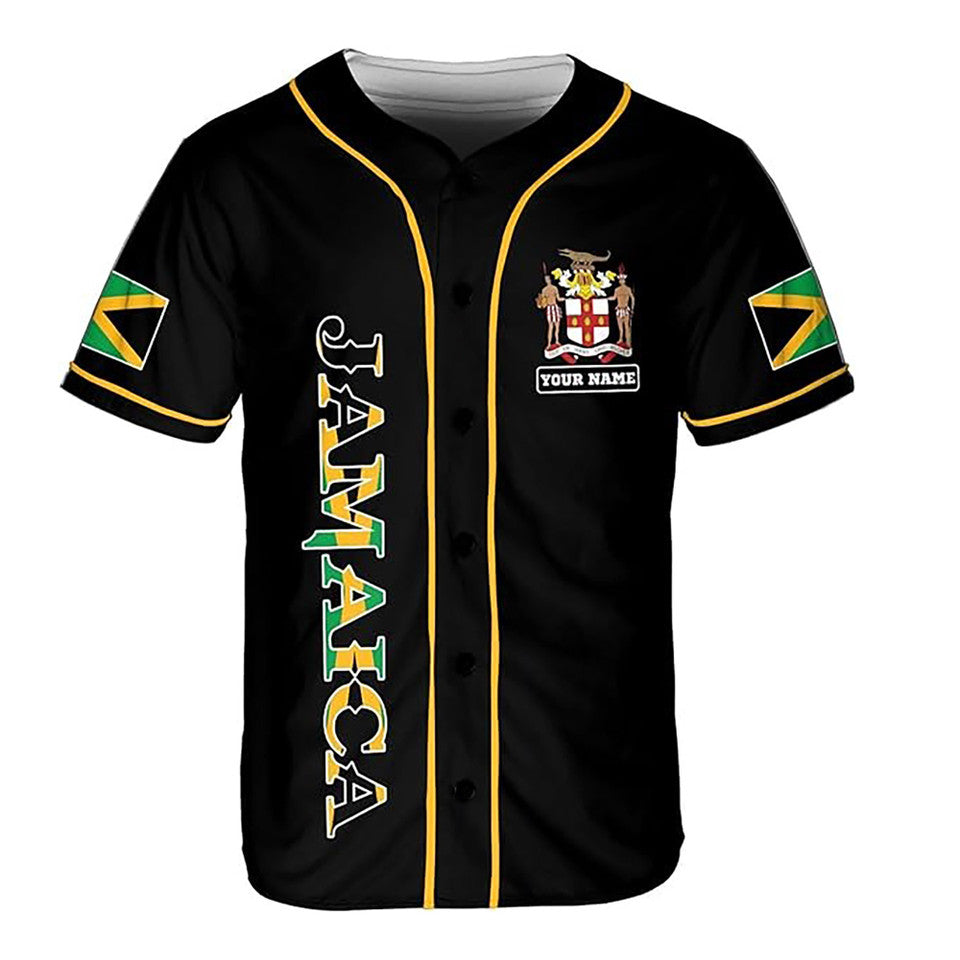 Personalized Name Jamaica Flag Coat of Arms Black Baseball Jersey S-5XL