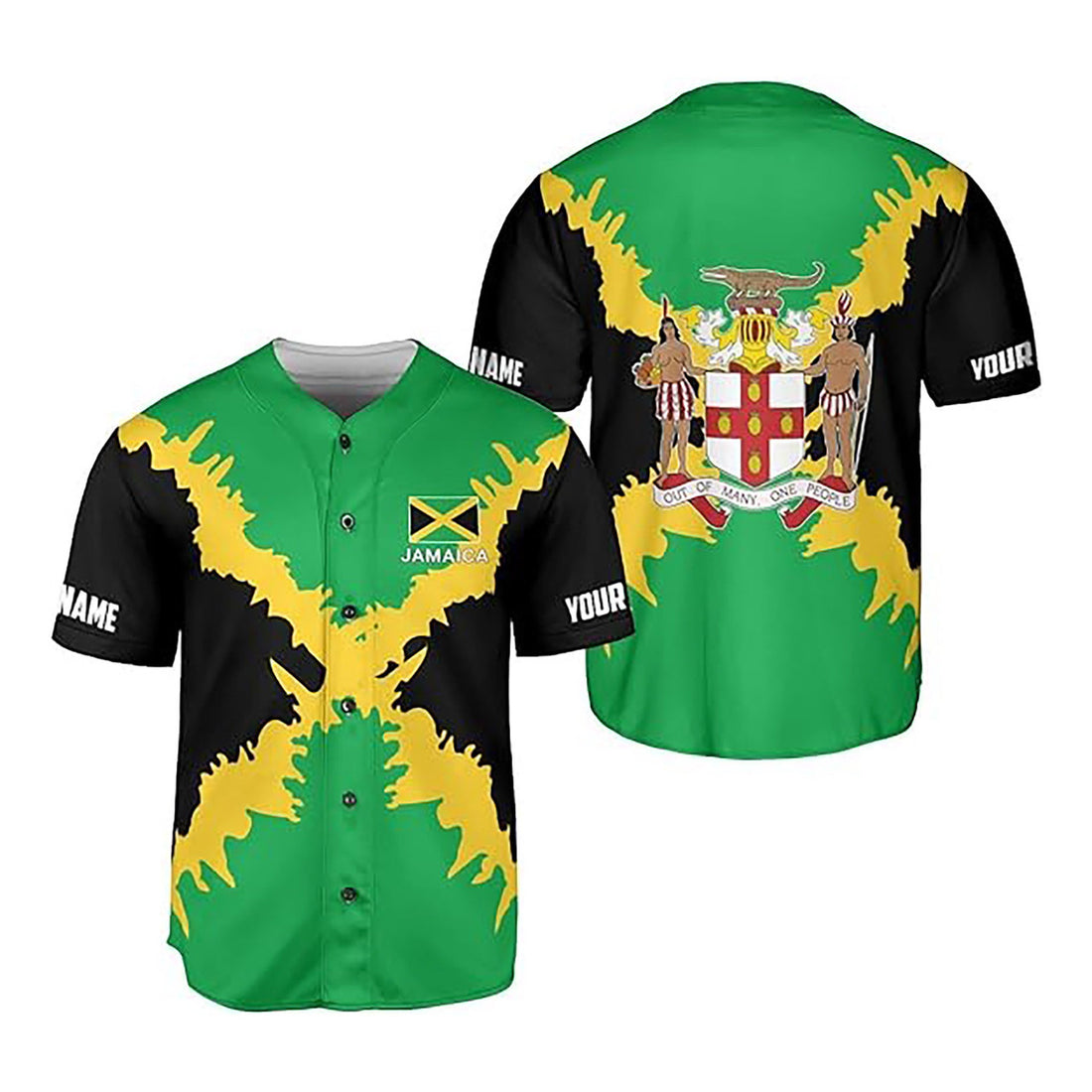Personalized Name Jamaica Flag Coat of Arms Symbol Green Baseball Jersey S-5XL
