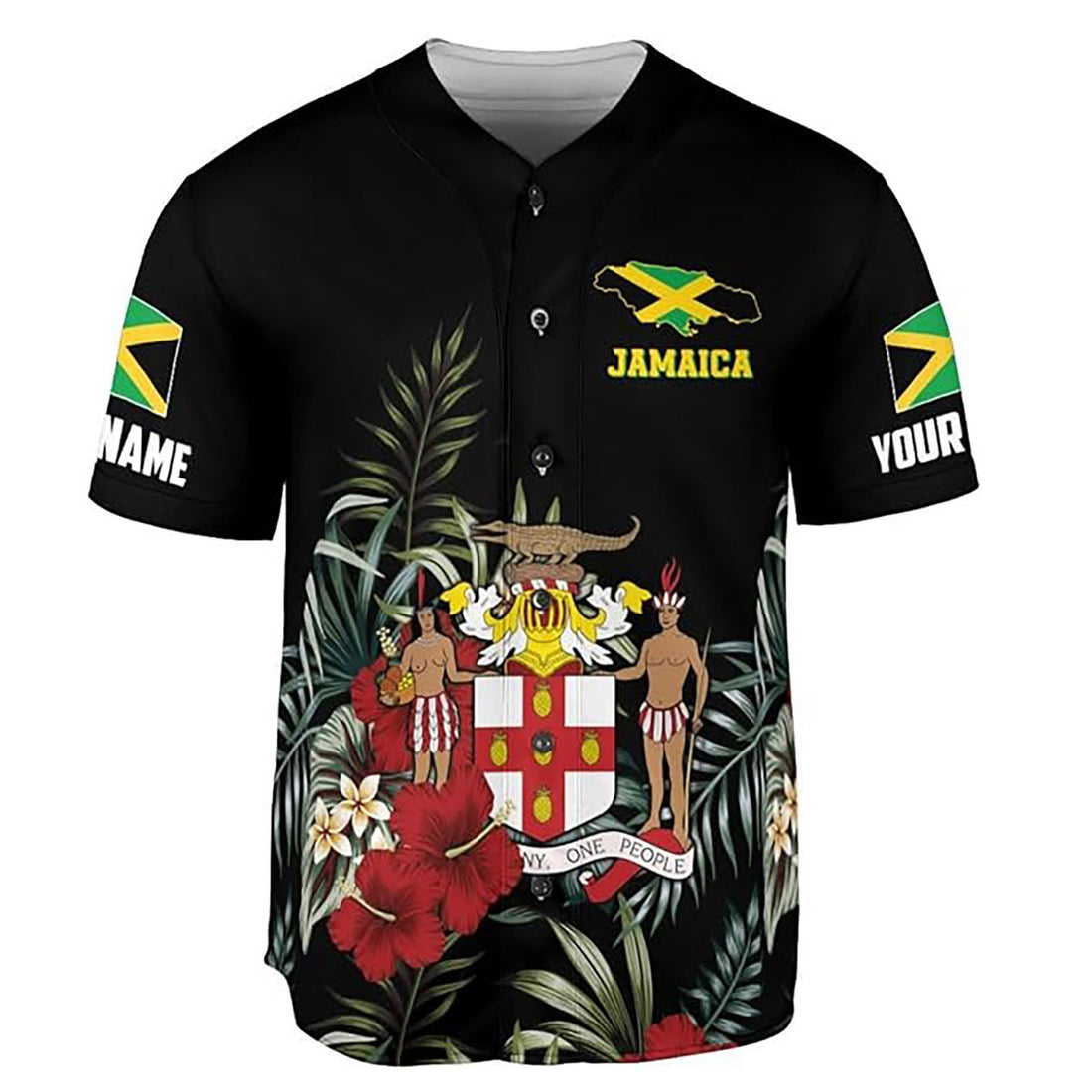 Personalized Name Jamaica Flag Coat of Arms Symbol Black Baseball Jersey S-5XL