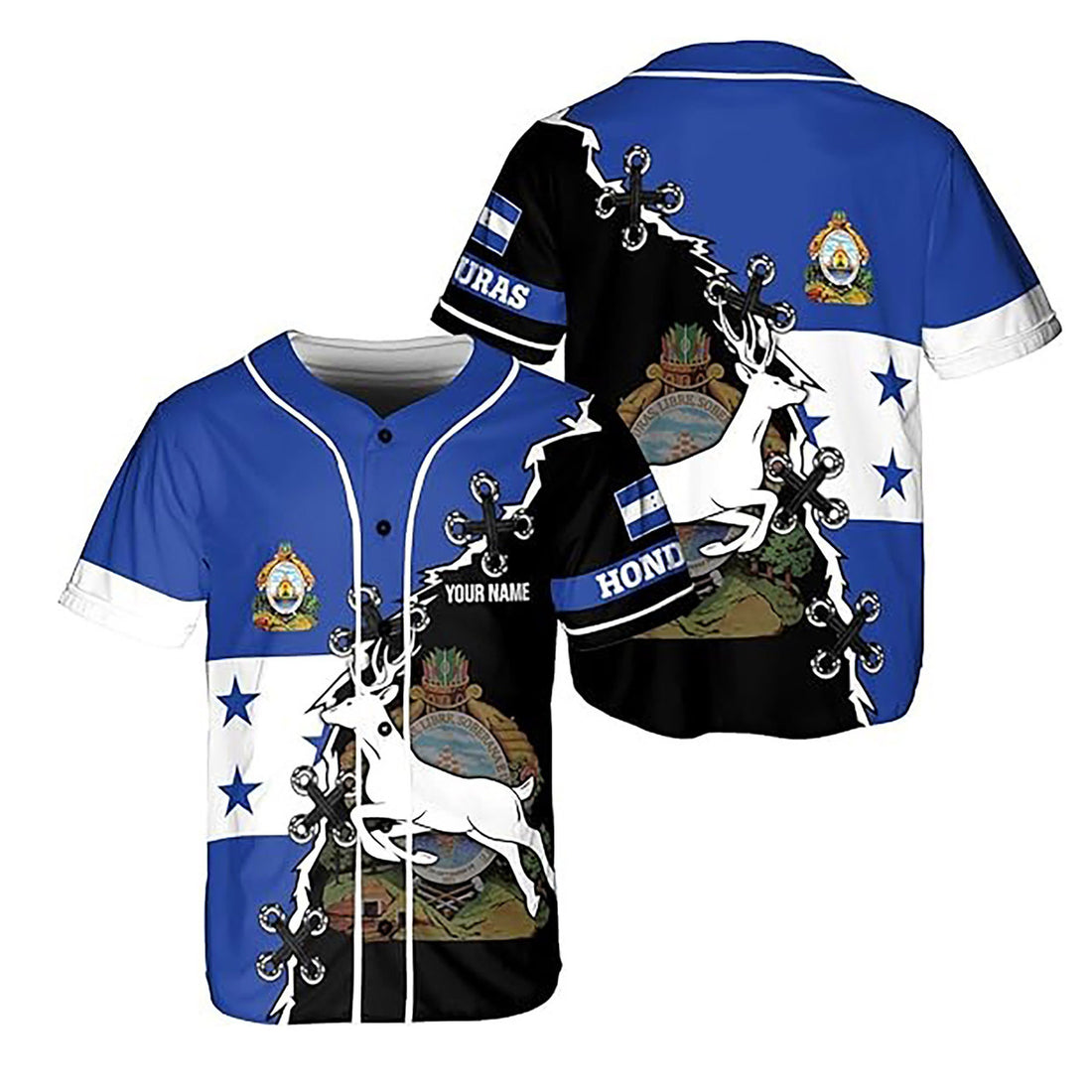 Personalized Honduras Flag Coat of Arms Symbol Reindeer Baseball Jersey S-5XL
