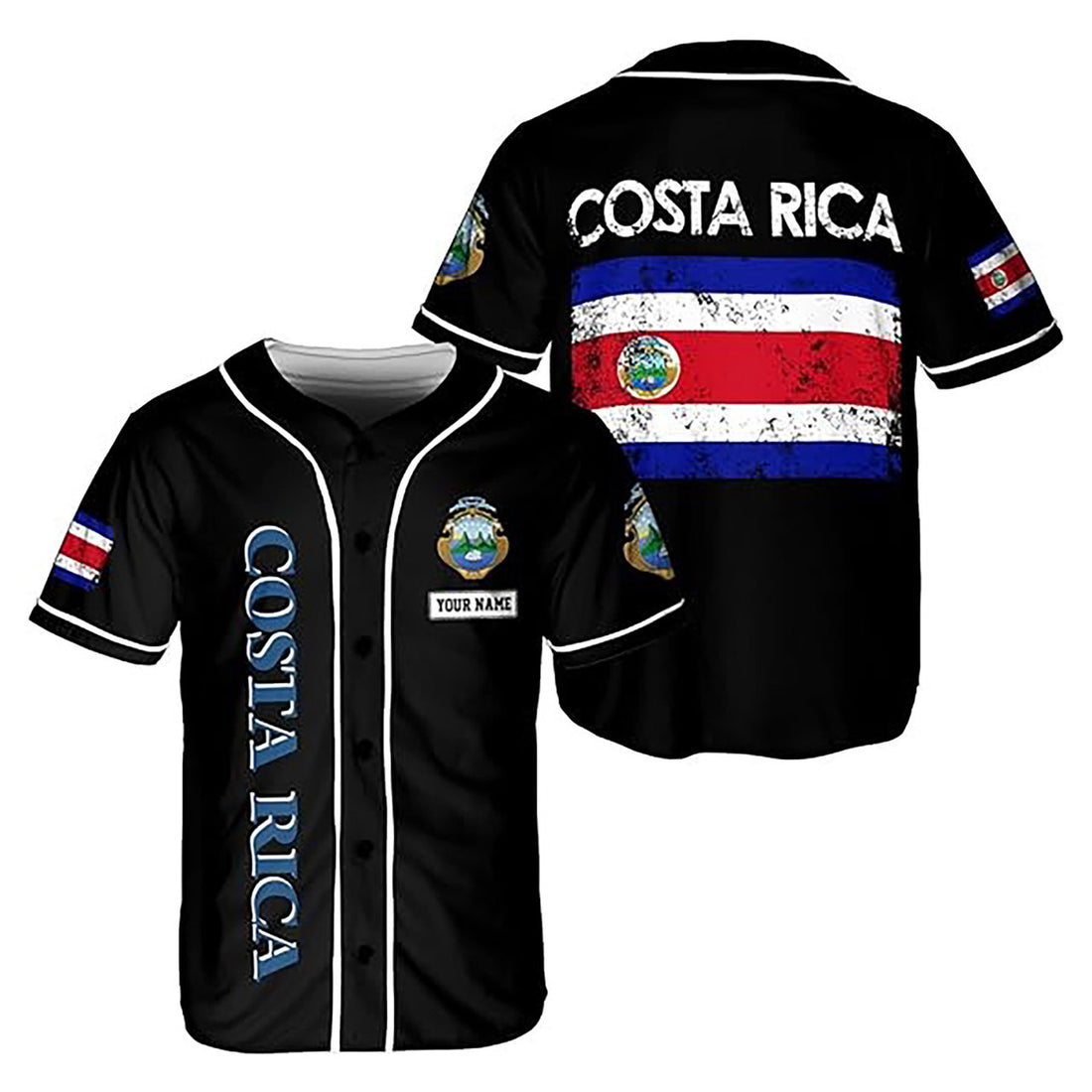 Personalized Costa Rica Flag Coat of Arms Symbol Grunge Black Baseball Jersey S-5XL