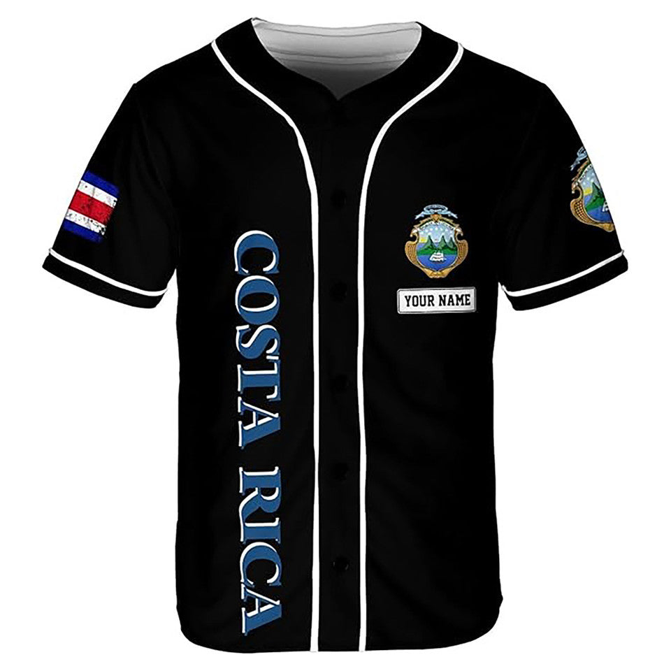 Personalized Costa Rica Flag Coat of Arms Symbol Grunge Black Baseball Jersey S-5XL