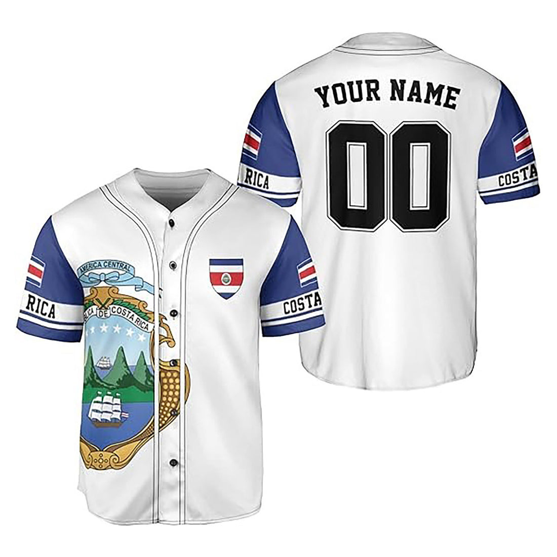Personalized Costa Rica Flag Coat of Arms Symbol Baseball Jersey S-5XL